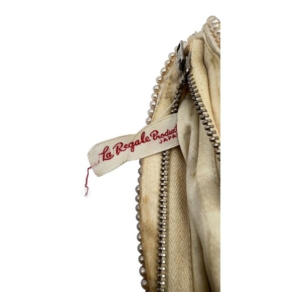 Vintage La Regale Faux Pearl Beaded Japan Zip Top Clutch Purse Bag Cream Gold - Picture 7 of 9